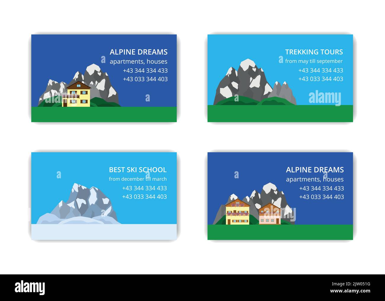 Modèles de cartes de visite colorés avec maisons alpines plates et montagnes isolées sur fond blanc. Placer pour le texte. Illustration de Vecteur