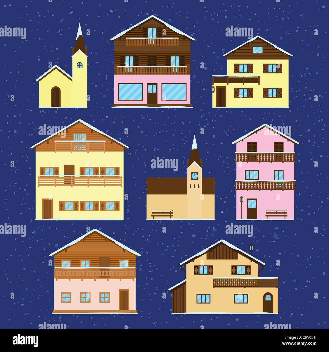 Ensemble de maisons alpines en bois, chalets, hôtels et églises de style plat isolés sur fond blanc. Illustration de Vecteur