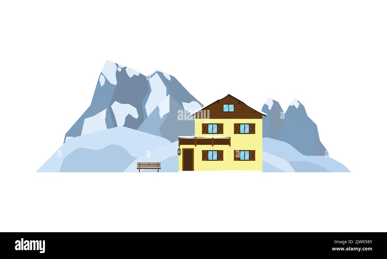 Maison privée ou chalet sur le paysage avec des montagnes alpines enneigées et des collines dans le style plat isolé sur fond blanc. Illustration de Vecteur