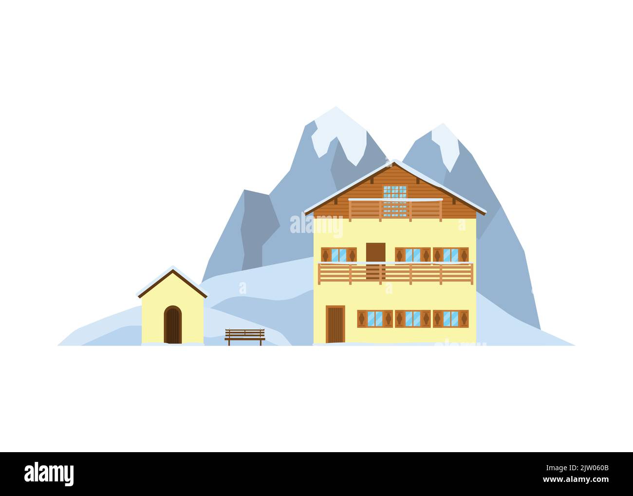 Maison privée ou chalet sur le paysage avec des montagnes alpines enneigées et des collines dans le style plat isolé sur fond blanc. Illustration de Vecteur