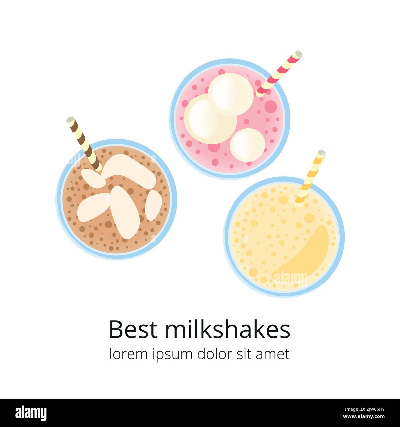 Milk-shakes à la crème glacée, guimauves et pailles en verre isolées sur fond blanc. Vue de dessus. Illustration de Vecteur