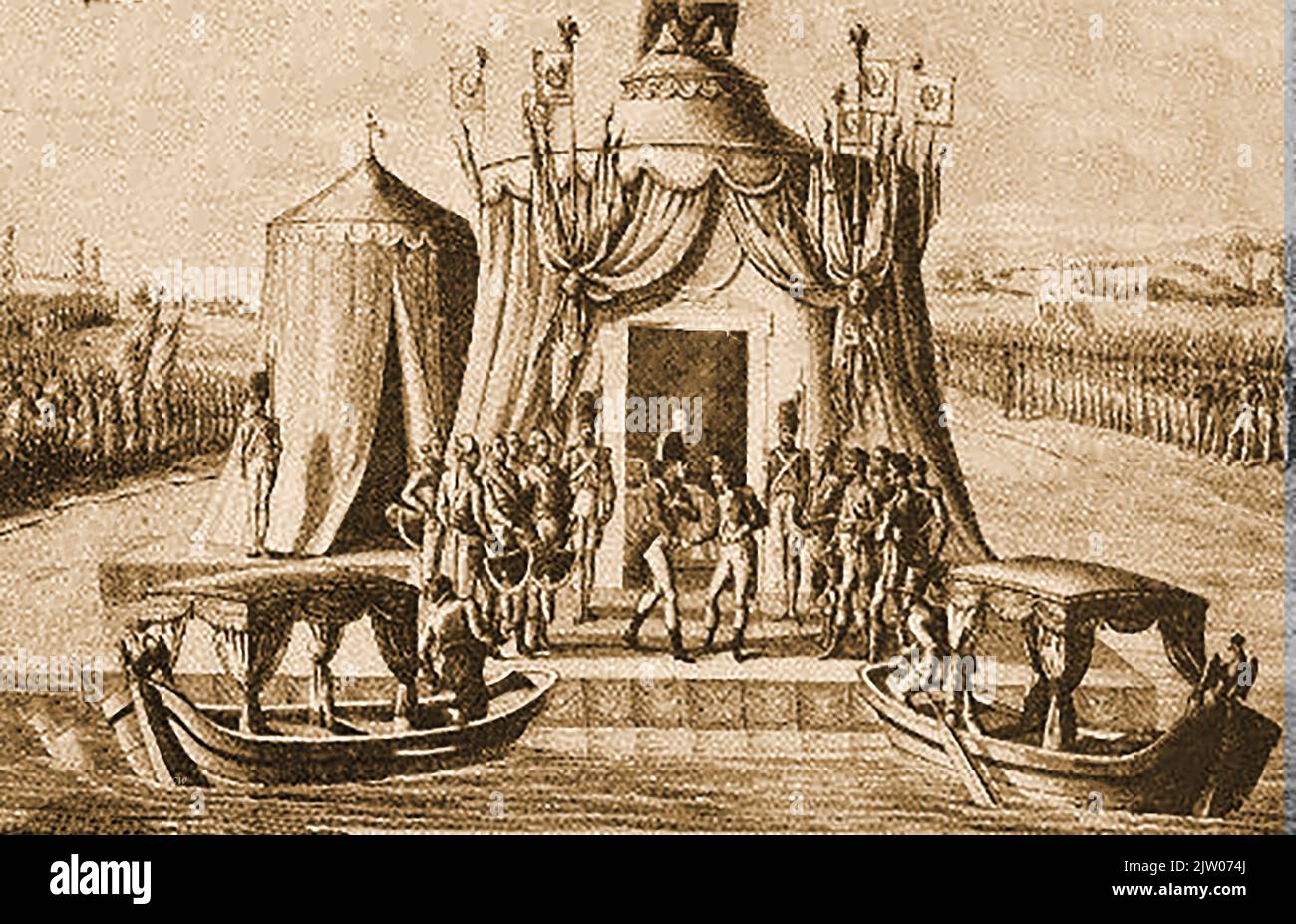 TRAITÉS DE TILSIT / Тильзитские договоры / traités de Tilsit --- 25 juin 1807, (7 juillet ancien style) Napoléon et Alexandre Ier de Russie se rencontrent sur un radeau pour discuter de la partition des territoires européens. ------- Le 25 juin traités de Tilsit1807, Napoléon et Alexandre Ier de Russie se rencontre sur un radeau pour éliminer la partition des territoires européens. ---- 25 июня 1807 года Наполеон Александр встречаются на плоту чтобы обсудить раздел европейских территорий i,. Banque D'Images