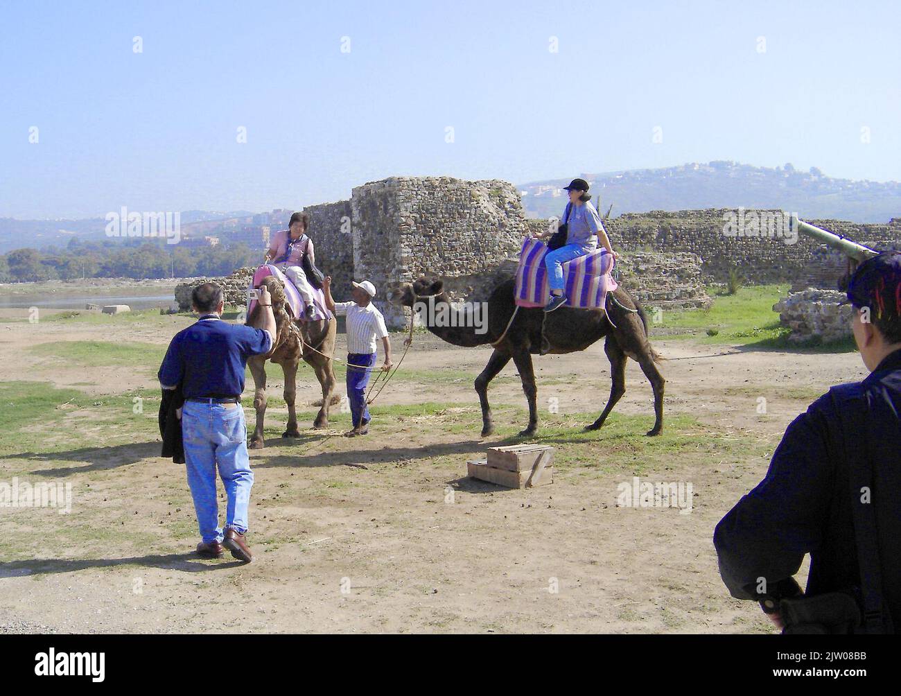 2005 photographie - MAROC - touristes prenant une balade à dos de chameau à TANGER, Afrique du Nord - ---- MAROC - touristes ayant un ballade à dos de chameau à TANGER, ---- المغرب - السياح الذين يركبون الجمال في طنجة , ------- MARRUECOS - Turistas dando un paseo en camello en TÁNGER Banque D'Images