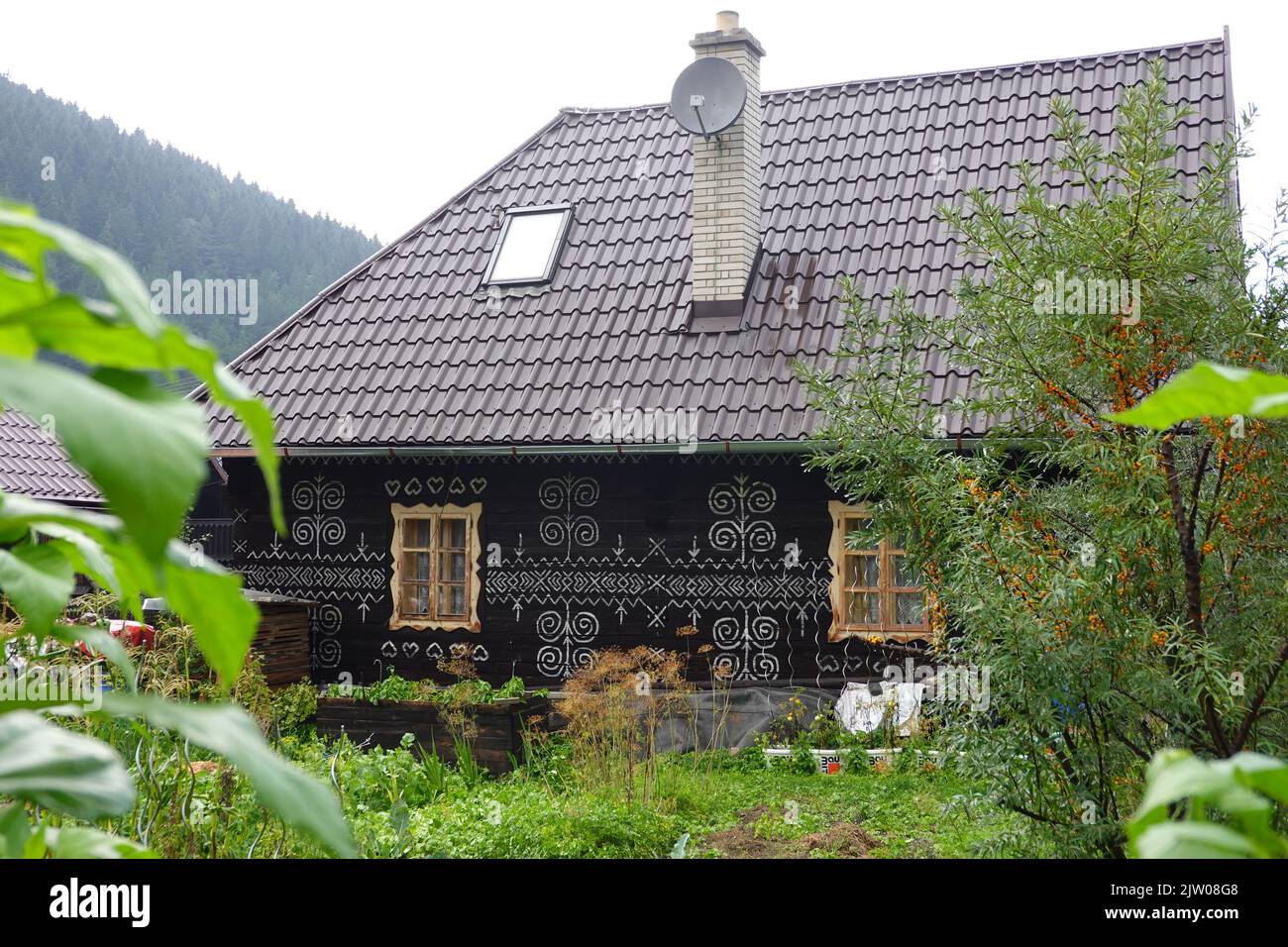 Belles maisons en bois peintes dans le village slovaque historique de Cicloy, en Slovaquie, en Europe centrale Banque D'Images