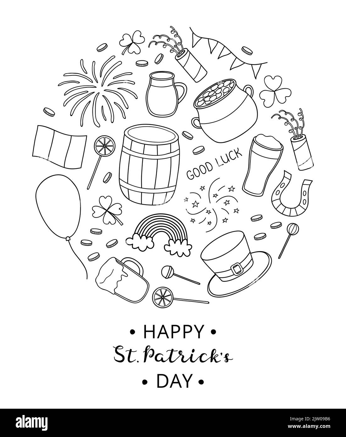 Éléments dessinés à la main pour la fête de la Saint patrick, composés en forme de cercle avec des lettres. Illustration de Vecteur