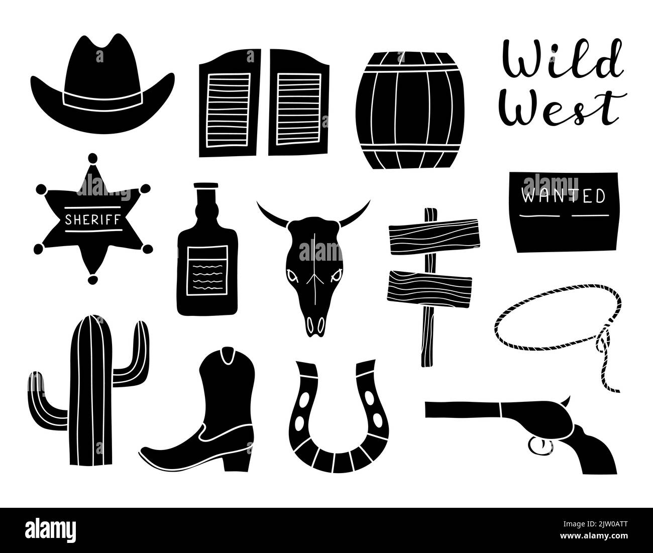 Ensemble d'éléments Wild West dessinés à la main isolés sur fond blanc. Illustration de Vecteur