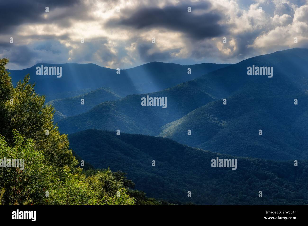 Des vues panoramiques à couper le souffle sur les Blue Ridge Mountains tandis que l'on voyage sur Blue Ridge Parkway en Caroline du Nord, aux États-Unis. Banque D'Images