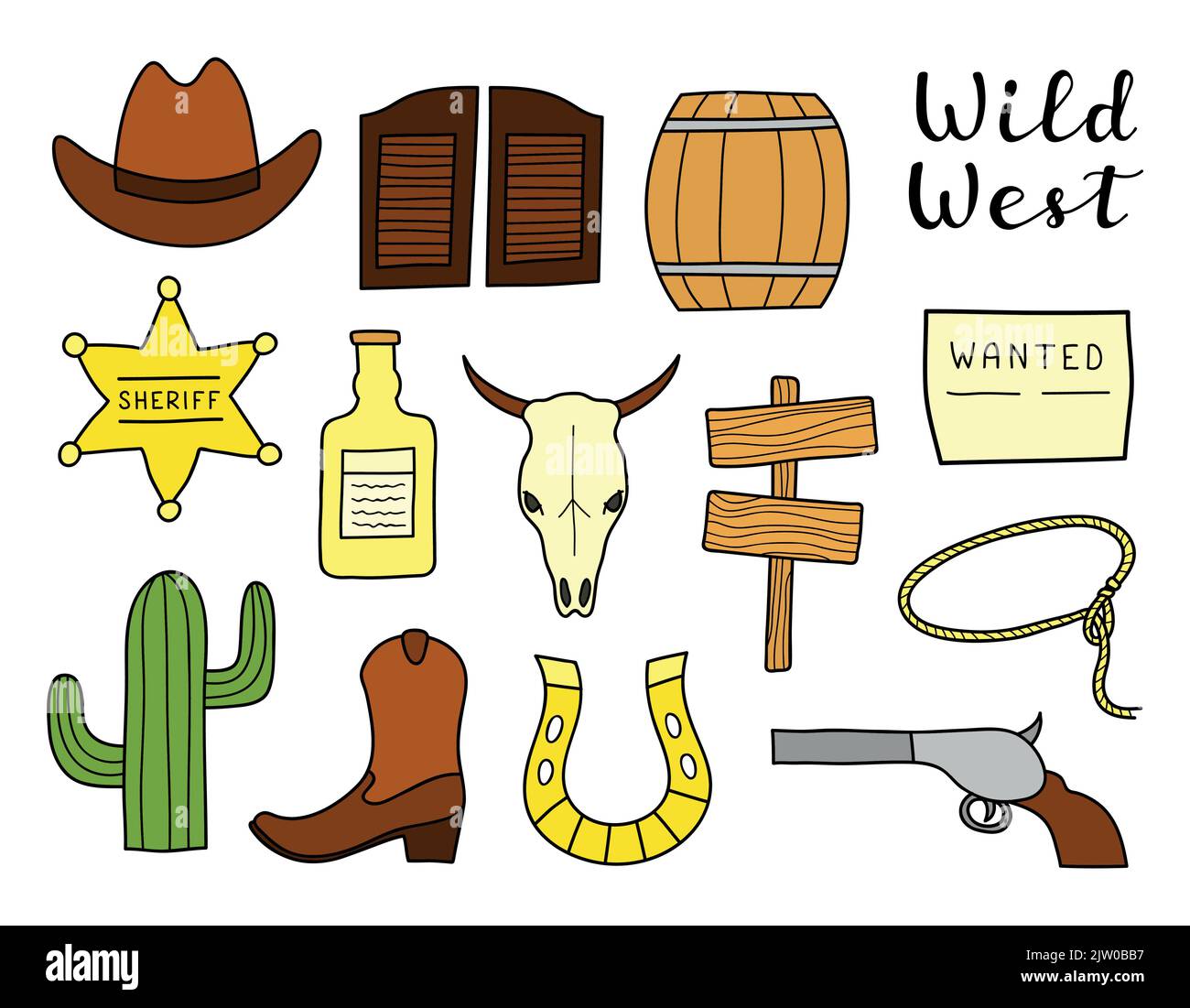 Ensemble d'éléments Wild West colorés dessinés à la main, isolés sur fond blanc. Illustration de Vecteur