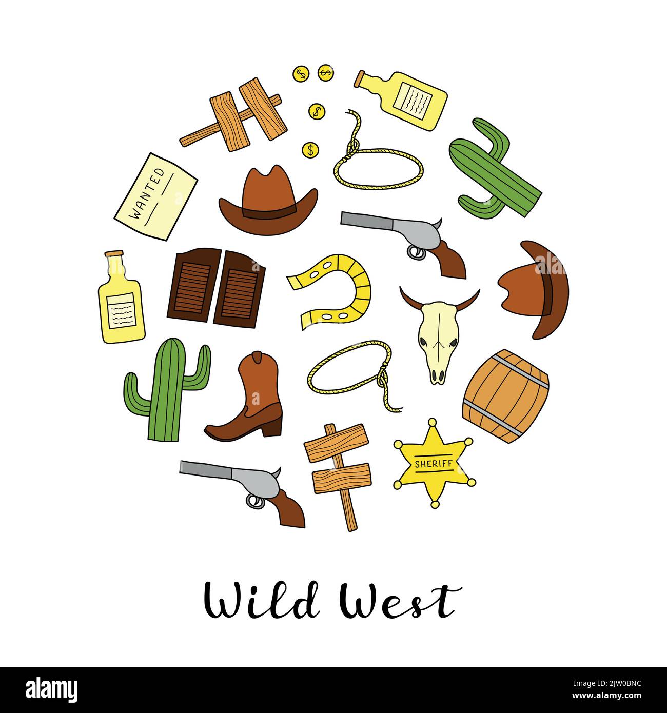 Éléments Wild West de couleur dessinés à la main composés en forme de cercle avec des lettres. Illustration de Vecteur