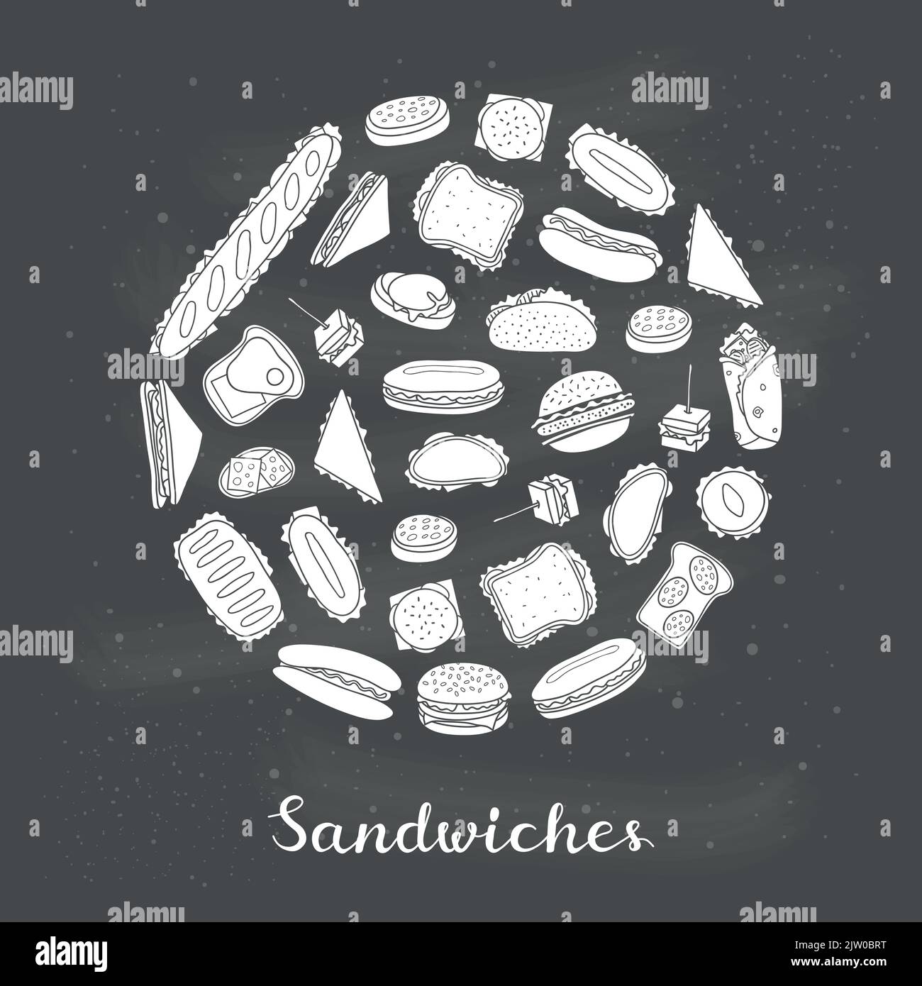 Différents sandwiches et hamburgers dessinés à la main, composés en forme de cercle et en lettres. Illustration de Vecteur