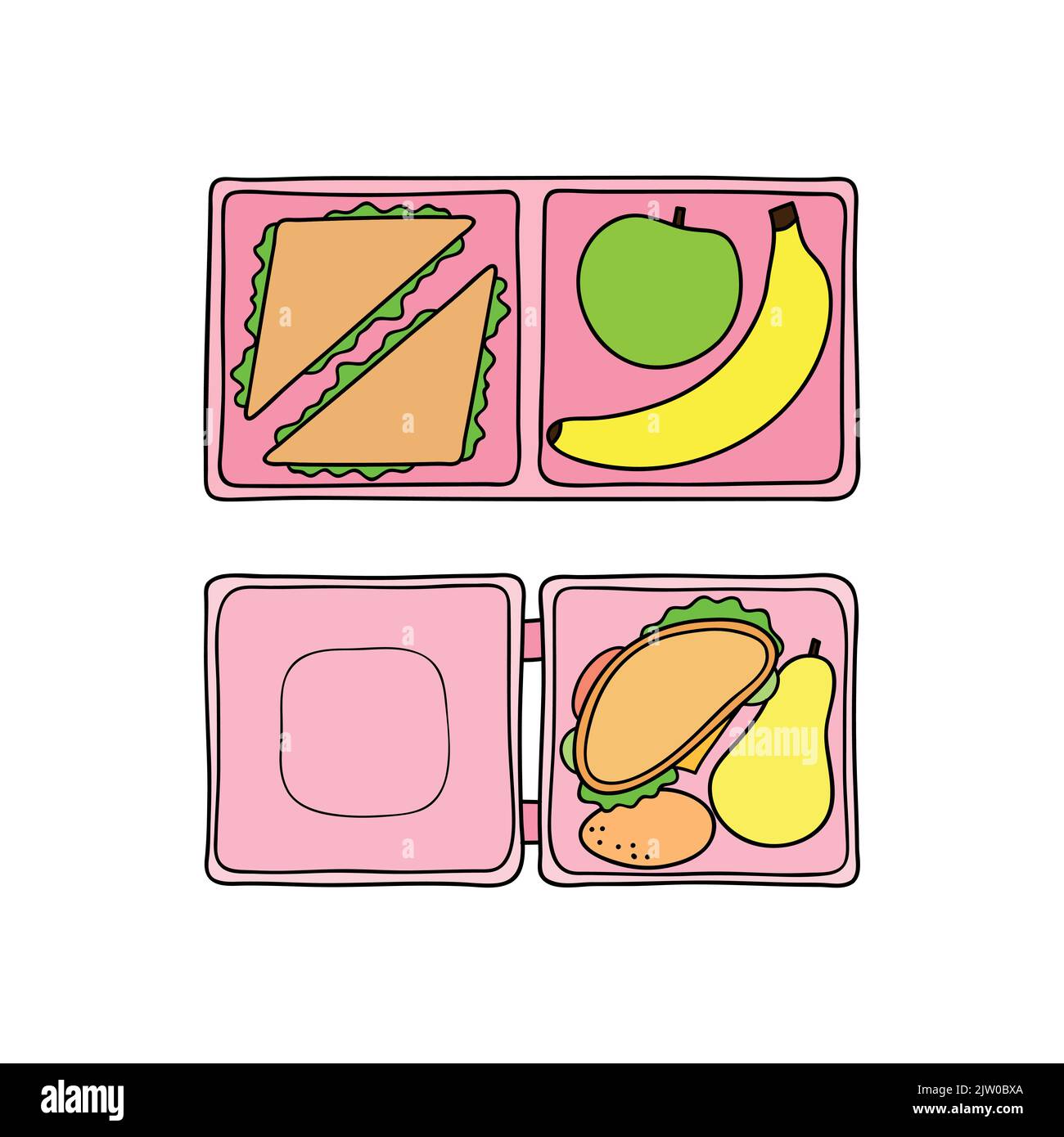 Boîtes à lunch colorées dessinées à la main avec des aliments comprenant des sandwiches, des bananes, des pommes, des poires et des œufs isolés sur fond blanc. Illustration de Vecteur
