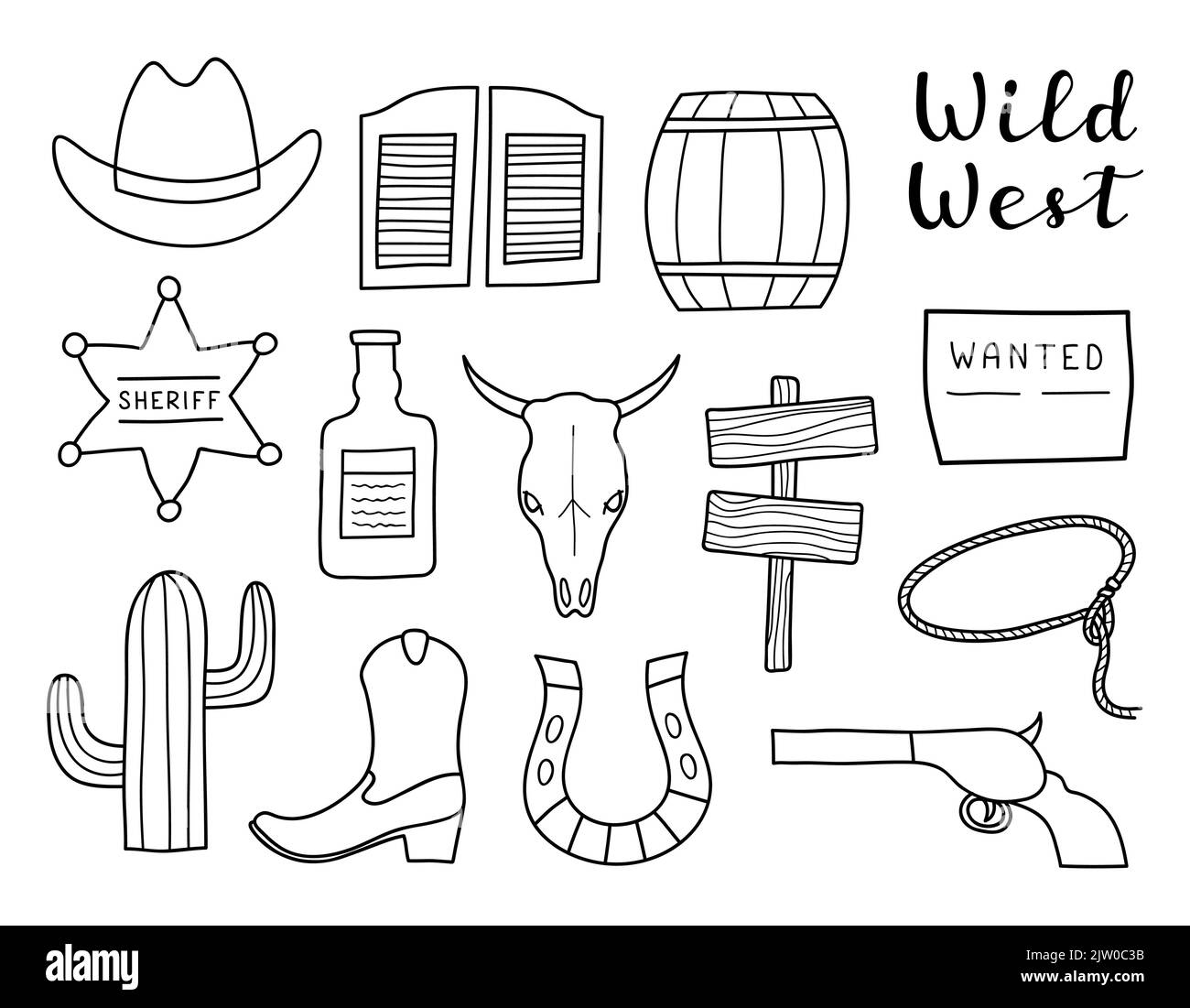 Ensemble de contours dessinés à la main éléments Wild West isolés sur fond blanc. Illustration de Vecteur