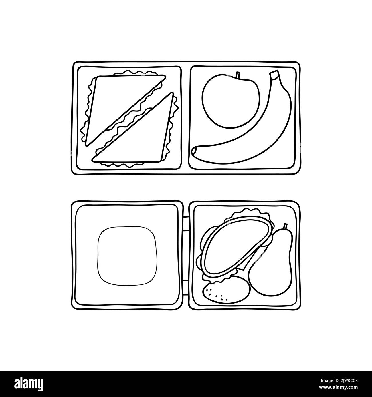 Boîtes à lunch dessinées à la main avec des aliments comprenant des sandwiches, des bananes, des pommes, des poires et des œufs isolés sur fond blanc. Illustration de Vecteur