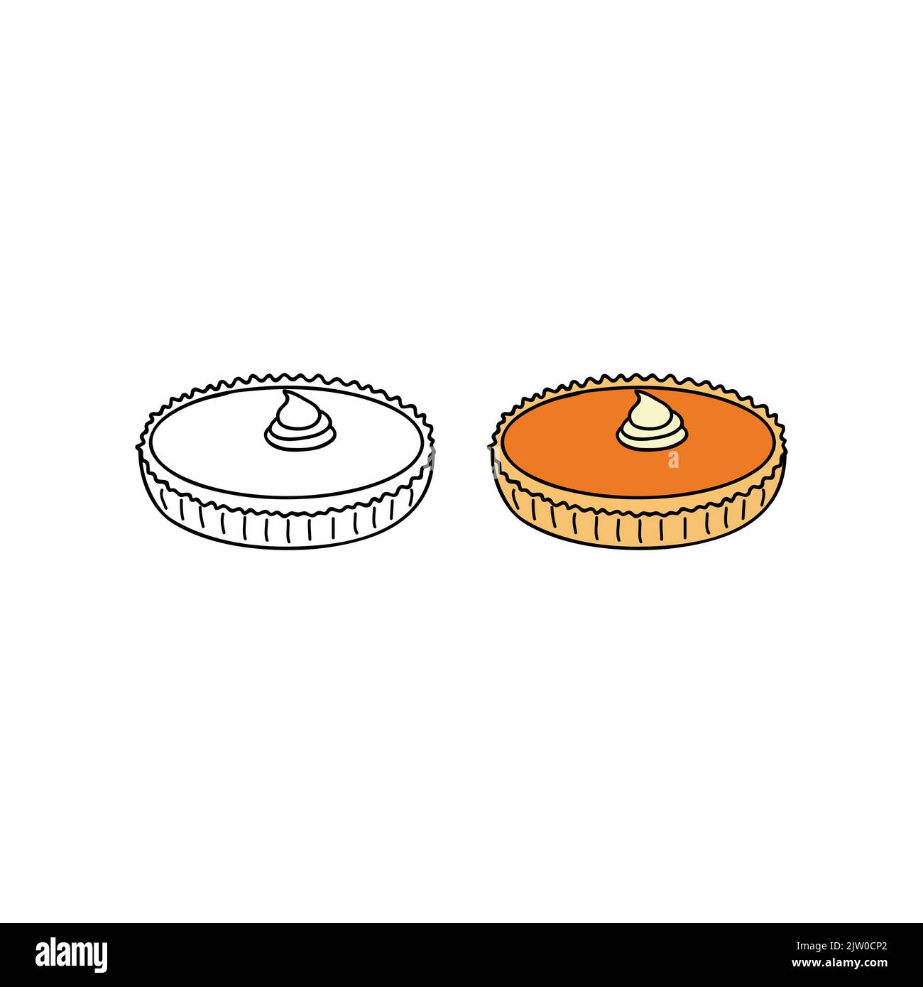 Tracé à la main de couleur et de contour de la tarte à la citrouille américaine isolée sur fond blanc. Illustration de Vecteur