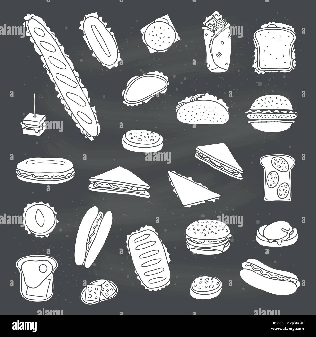 Ensemble de différents sandwiches et hamburgers dessinés à la main, isolés sur le tableau noir. Illustration de Vecteur