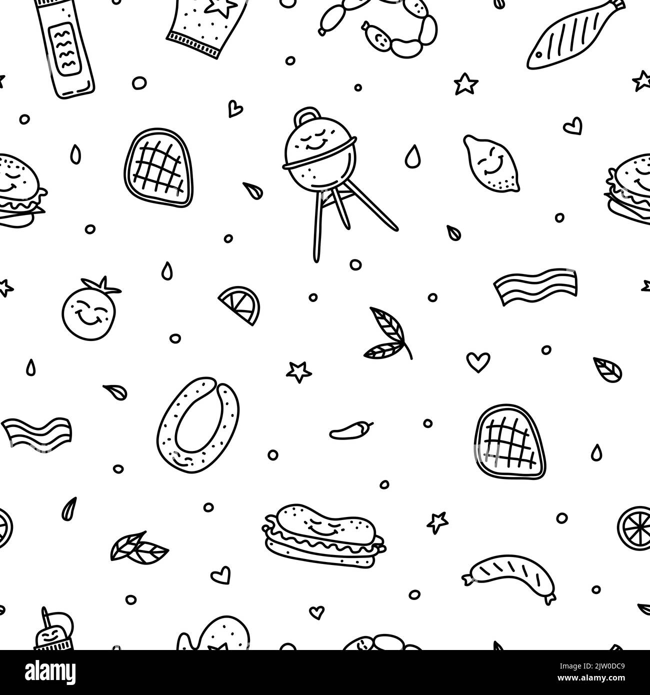Motif noir et blanc sans couture avec barbecue, icônes de pique-nique. Illustration de Vecteur