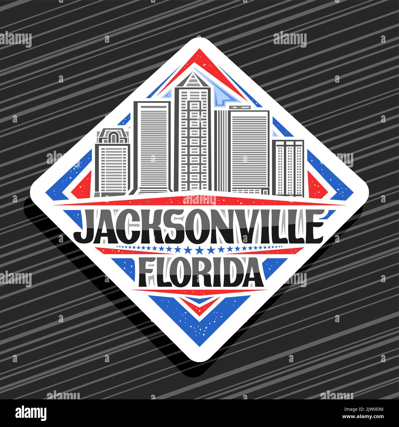 Logo Vector pour Jacksonville, panneau blanc sur la route du losange avec illustration de ligne du paysage de la ville de jacksonville sur fond ciel de jour, réfrigérateur décoratif Illustration de Vecteur