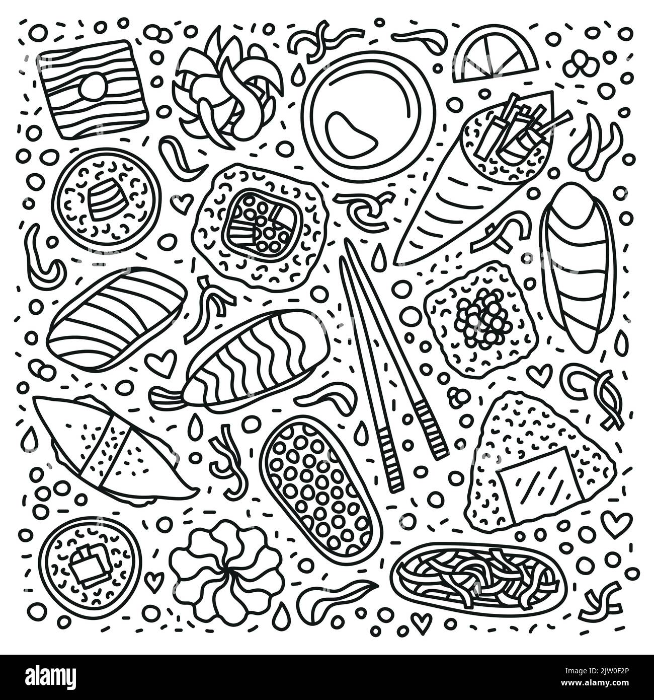 Les sushi, les rouleaux, les baguettes, le wasabi, le gingembre et les symboles isolés sur fond blanc sont les ingrédients de Doodle. Illustration de Vecteur