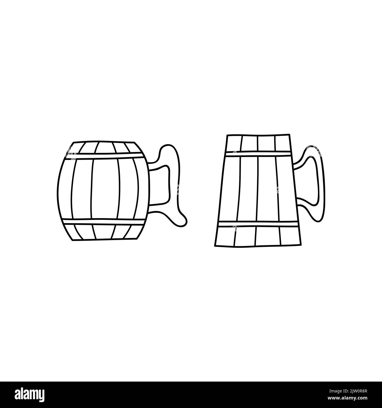 Grandes tasses en bois dessinées à la main pour bière isolée sur fond blanc. Illustration de Vecteur