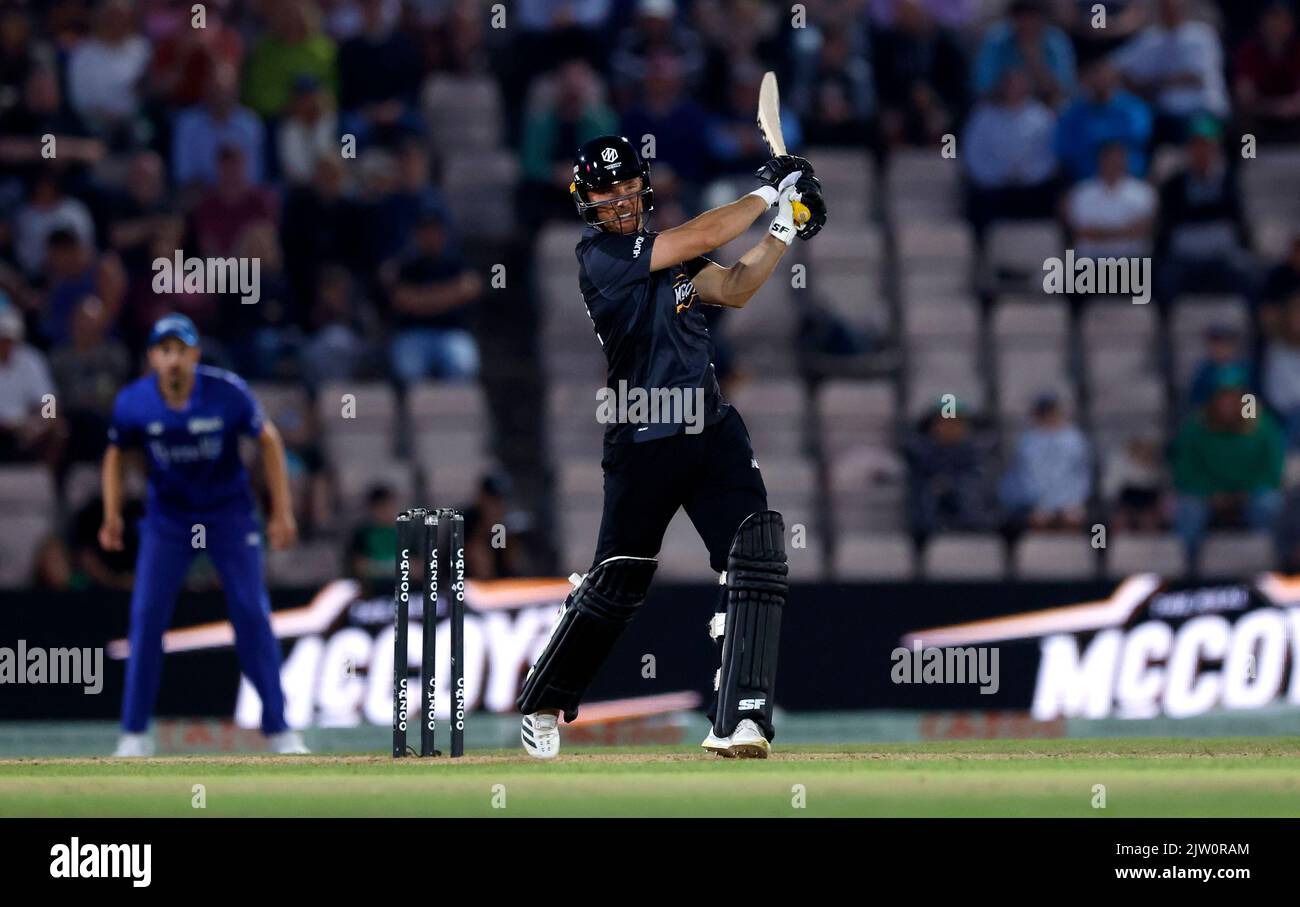 Laurie Evans de Manchester Orginals chauve-souris pendant le match des hommes de Hundred Eliminator au Ageas Bowl, Southampton. Date de la photo: Vendredi 2 septembre 2022. Banque D'Images