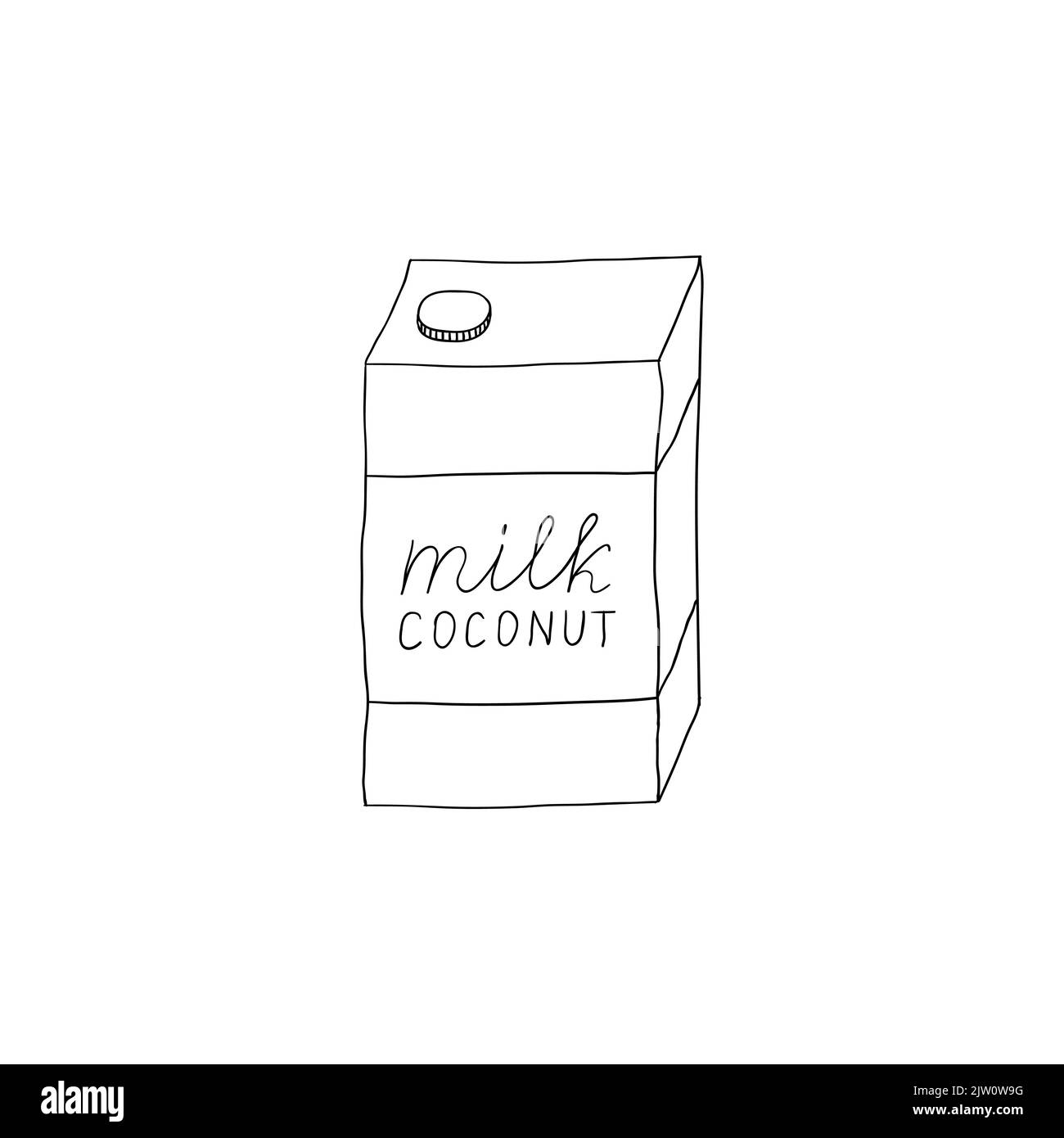 Contour du lait de coco dessiné à la main dans du carton isolé sur fond blanc. Illustration de Vecteur