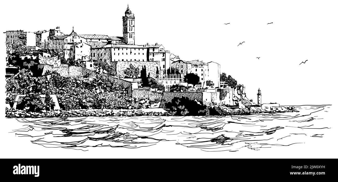 Bastia vue sur la vieille ville depuis la mer - Corse, France - illustration vectorielle (idéal pour l'impression sur tissu ou papier, poster ou papier peint, maison decorati Illustration de Vecteur