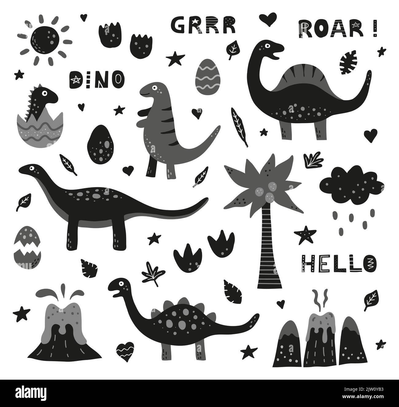 Ensemble de dinosaures doodle et autres icônes de style scandnavien isolé sur fond blanc. Illustration de Vecteur