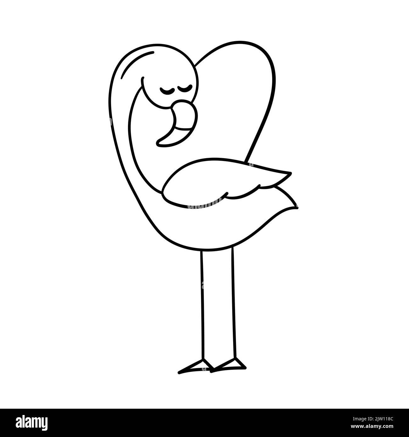 Flamant mignon avec forme de coeur, illustration vectorielle sur blanc. Contour, pour colorier la page Illustration de Vecteur