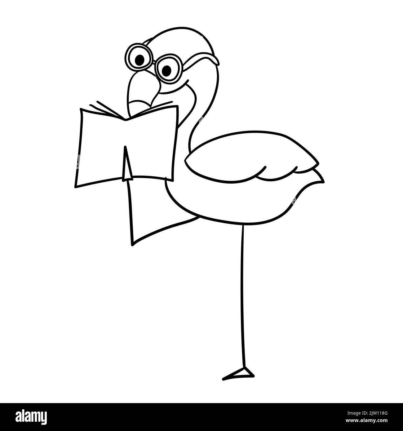 Rose flamant, personnage de zoo portant des lunettes et lisant un livre. Illustration vectorielle de dessin animé en blanc pour colorier la page Illustration de Vecteur