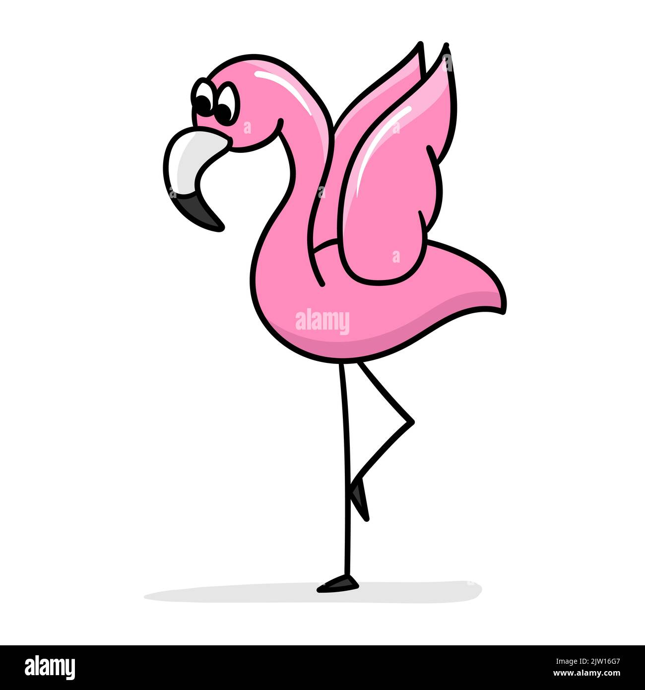Dessin animé flamant. Le flamant rose mignon a soulevé ses ailes et se tient sur une jambe. Autocollant de dessin animé, contour épais. Icône de conception Illustration de Vecteur