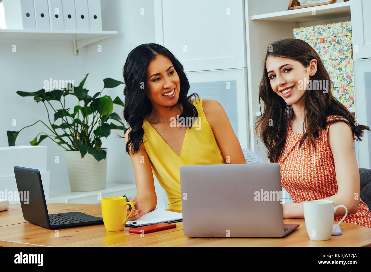 Femme d'affaires regardant l'appareil photo et souriant assis dans un bureau moderne avec ordinateur portable Banque D'Images