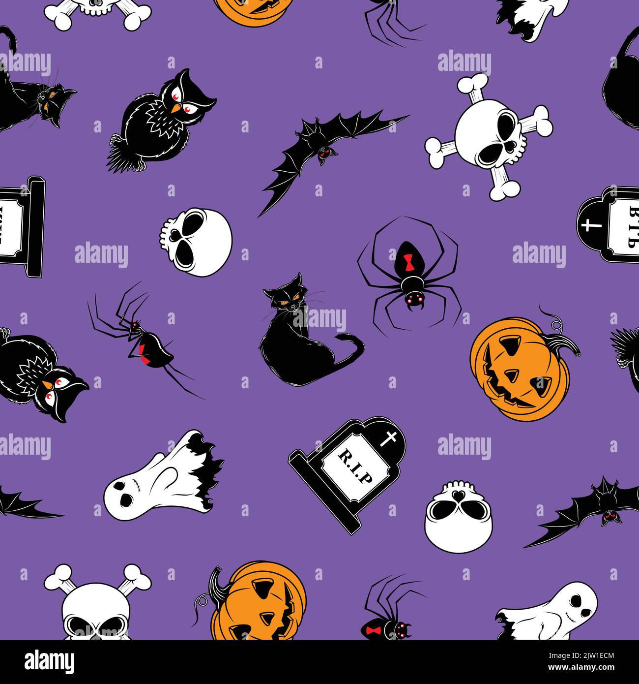 Motif vectoriel avec éléments caractéristiques de la fête d'Halloween. Motif Halloween avec chauve-souris, fantôme, chat noir, araignées, crânes et pompki Illustration de Vecteur