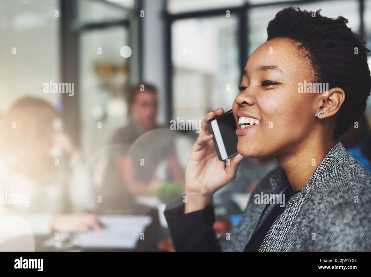 Collaboration et communication. Une jeune femme d'affaires qui parle au téléphone avec des collègues assis en arrière-plan. Banque D'Images