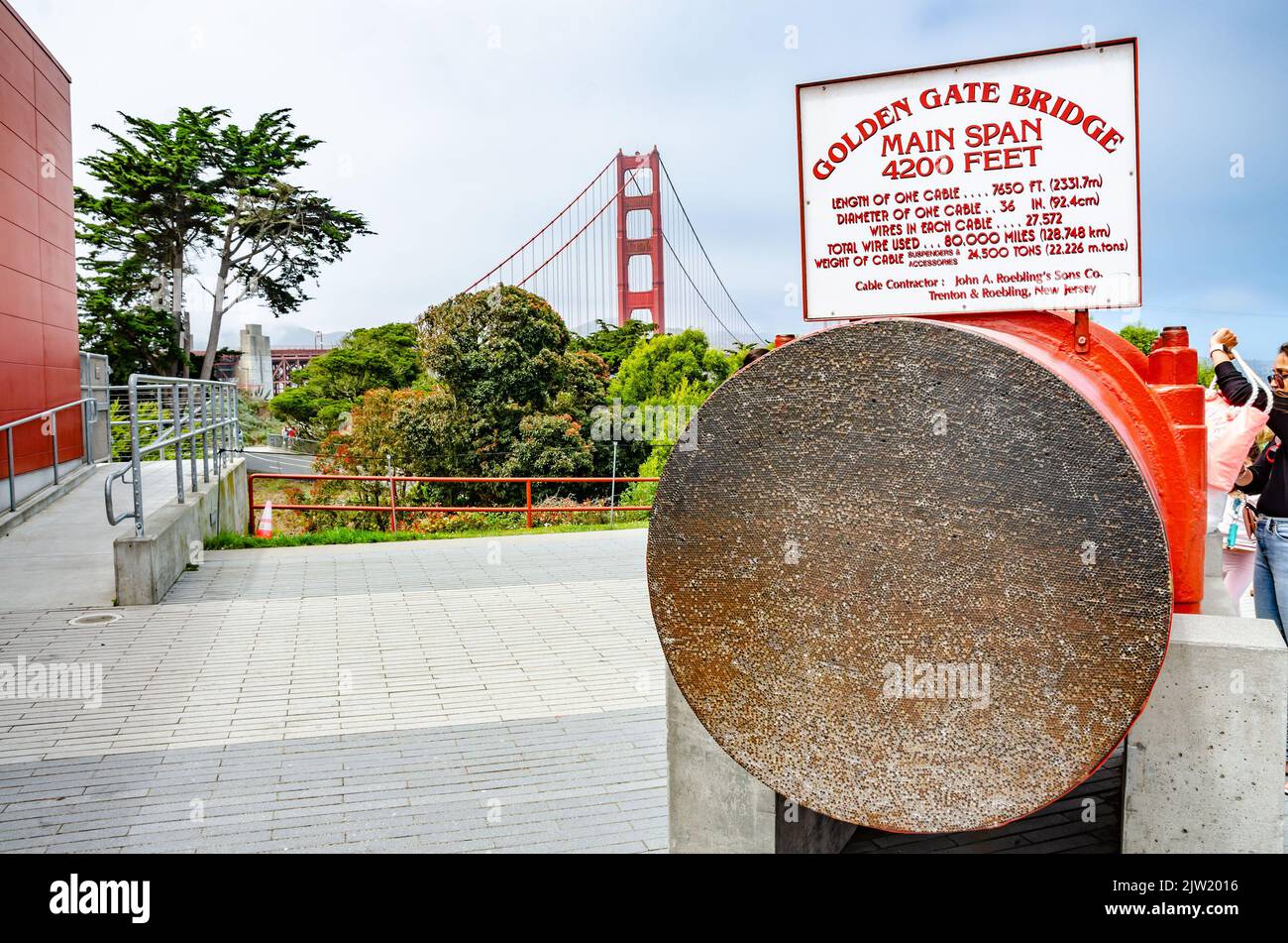 Un échantillon de l'un des câbles forme le Golden Gate Bridge montrant la section transversale du câble et un panneau avec des faits et des chiffres sur le pont Banque D'Images