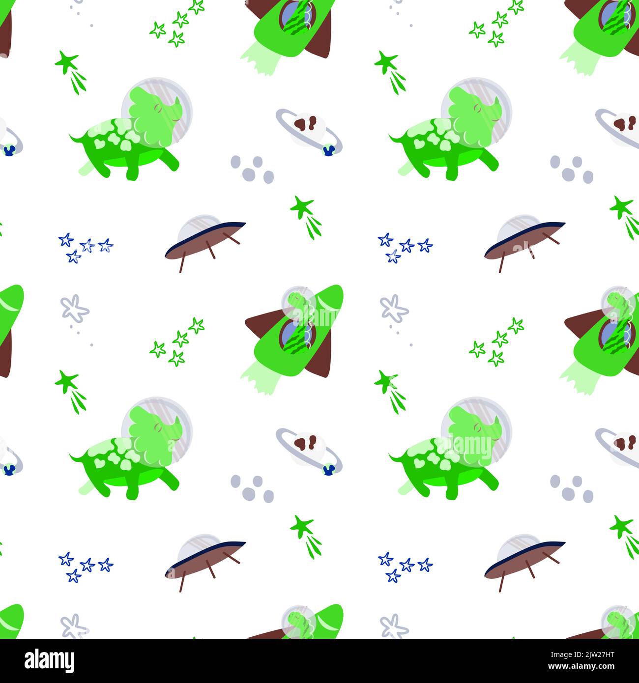 Motif sans couture de jolis dinosaures astronautes. Vecteur de style dessin animé. Astronaute de dinosaures avec des planètes, des comètes et des étoiles autour. Peut être utilisé pour l'accueil Illustration de Vecteur