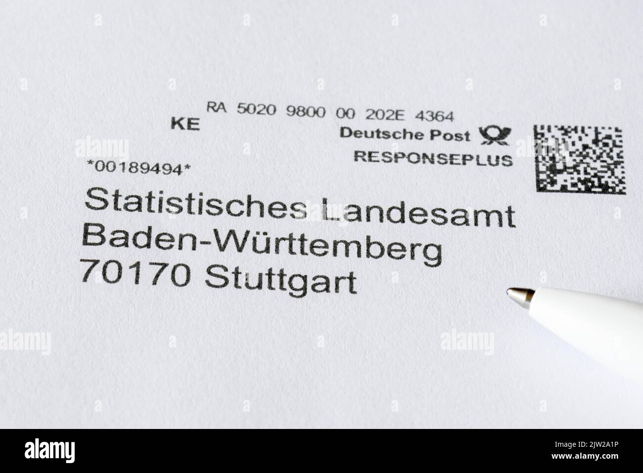 Adresse, Statistisches Land de Bade-Wurtemberg Stuttgart sur enveloppe, stylo à bille Banque D'Images