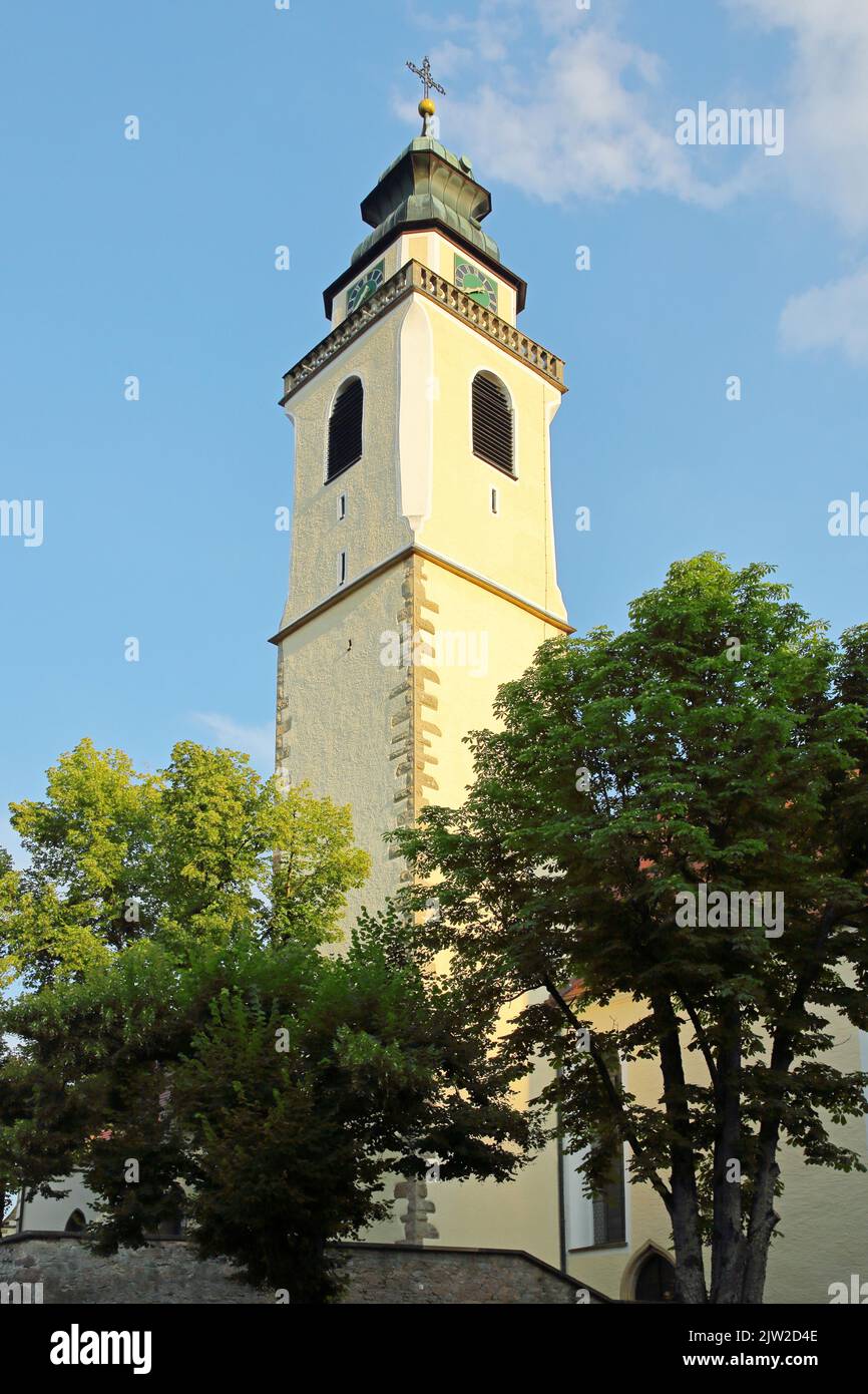 Tour de l'église et point de repère de la collégiale gothique à Horb am Neckar, vallée du Neckar, Forêt Noire du Nord, Forêt Noire, Bade-Wurtemberg Banque D'Images