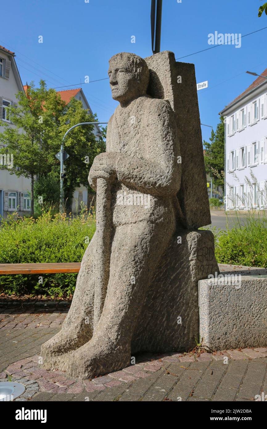 Sculpture Eninger Kraemer, sculpture en pierre de l'artiste Eduard Raach-Doettinger, art dans l'espace public, art et chemin sensoriel Eningen unter Achalm Banque D'Images
