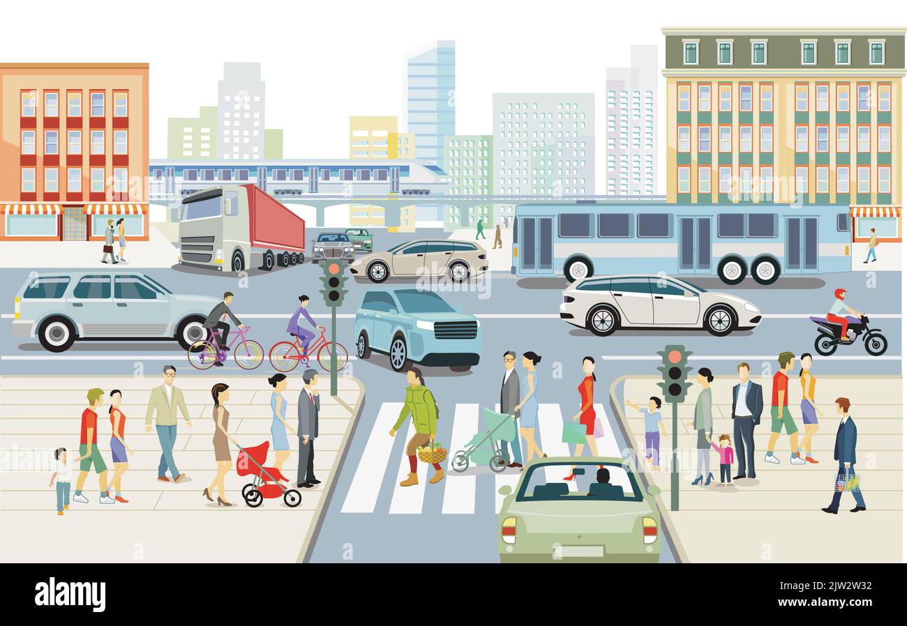 Silhouette de ville avec circulation routière et piétons sur le passage pour piétons, illustration Illustration de Vecteur