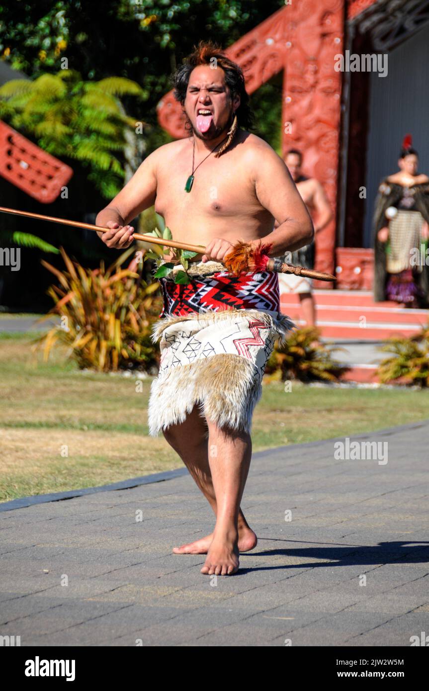 Tamaki Maori donne un Powwhiri ( accueil cérémonial ) dans le cadre d'une danse culturelle de 45 minutes de Haka, chant, discours et le Hongi pour le Banque D'Images