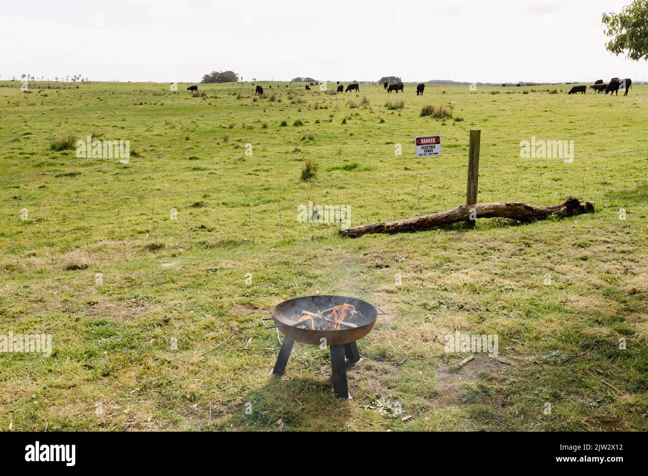 Une fosse à feu sur une ferme éclairée avec un petit feu et du bois recyclé écologique vous pouvez voir des flammes et de la fumée Banque D'Images