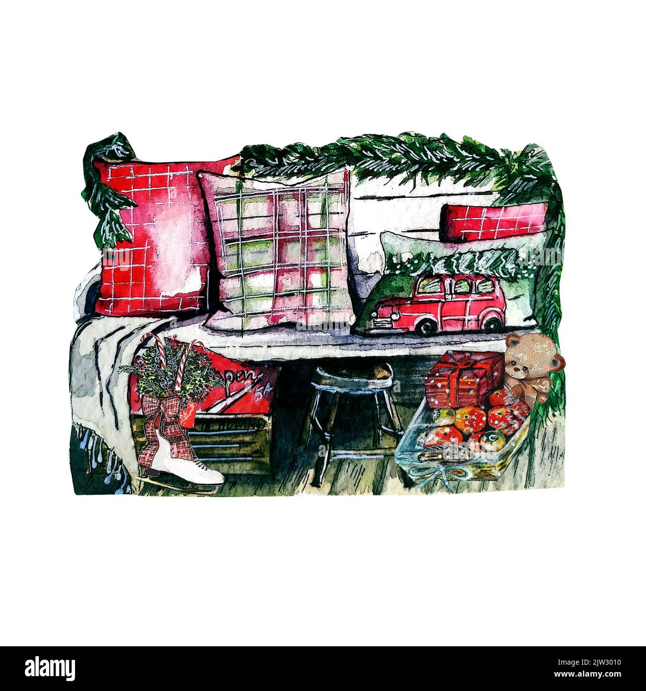 Watercvoor illustrations lumineuses dessinées à la main de confortables oreillers de wuth de canapé en bois décorés avec des branches de pin.Backet de Noël avec des cadeaux.Noël Banque D'Images