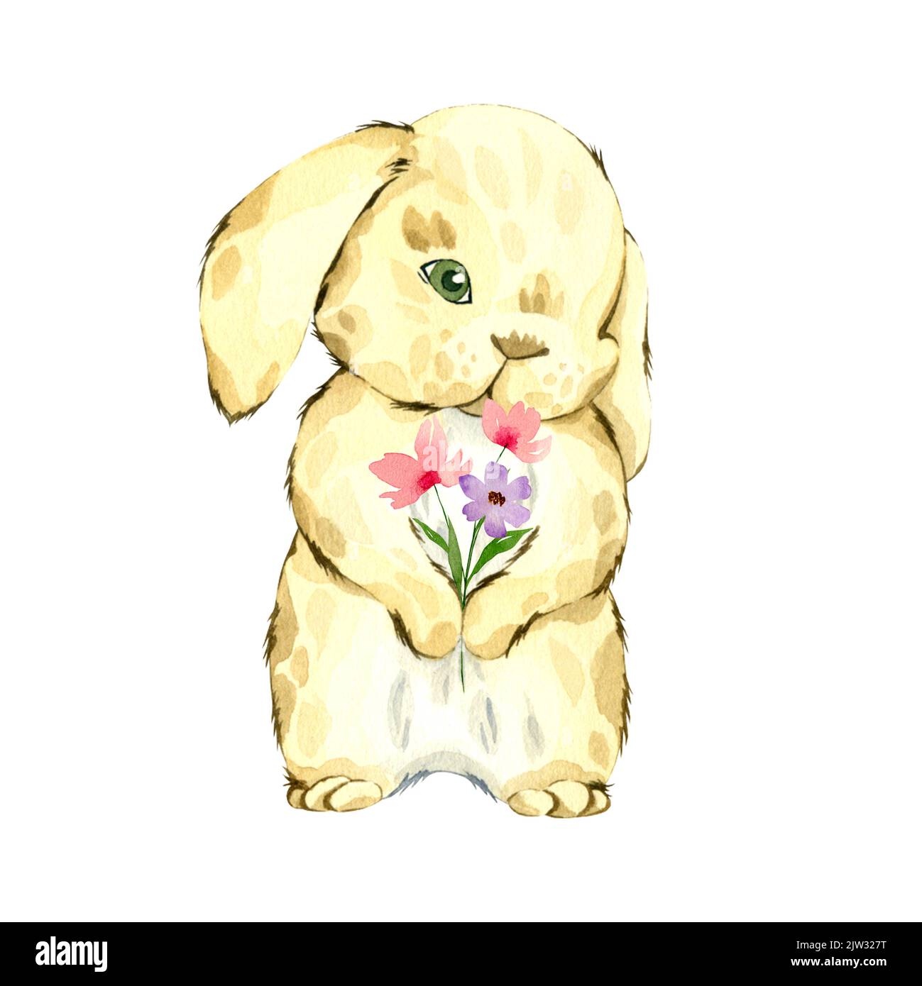 Lapin mignon aquarelle avec fleurs. Illustration du lapin de Noël dessiné à la main. Banque D'Images