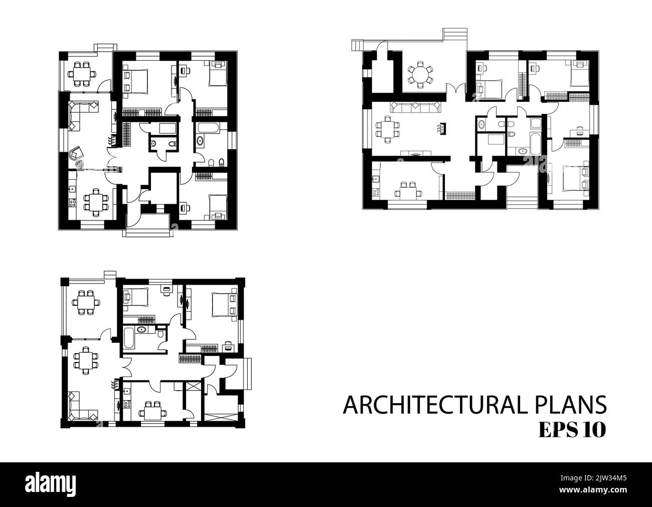 Plans architecturaux de bâtiments résidentiels. Ensemble de mises en plan architecturales. Illustration en noir et blanc Banque D'Images