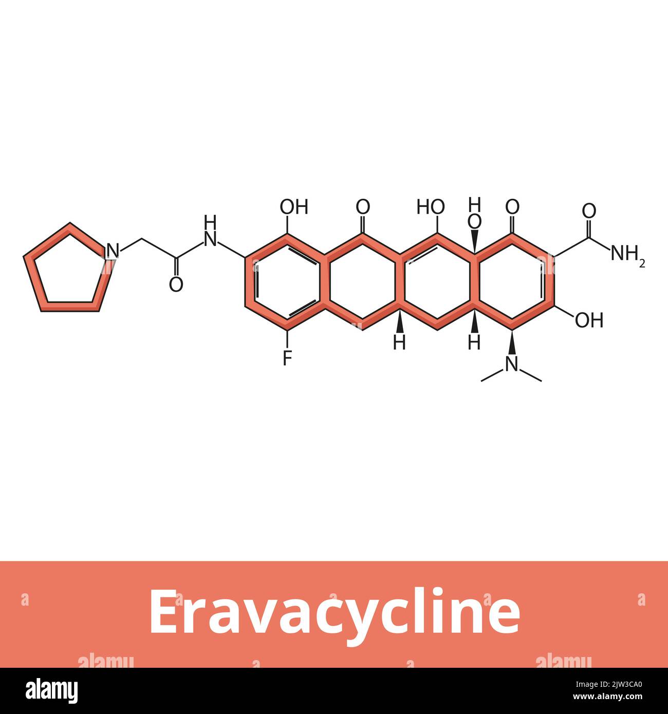 Eravacycline. Antibiotique synthétique de la classe des tétracyclines halogénées avec un large spectre d'activité incluant de nombreuses souches résistantes à des médicaments multiples Illustration de Vecteur