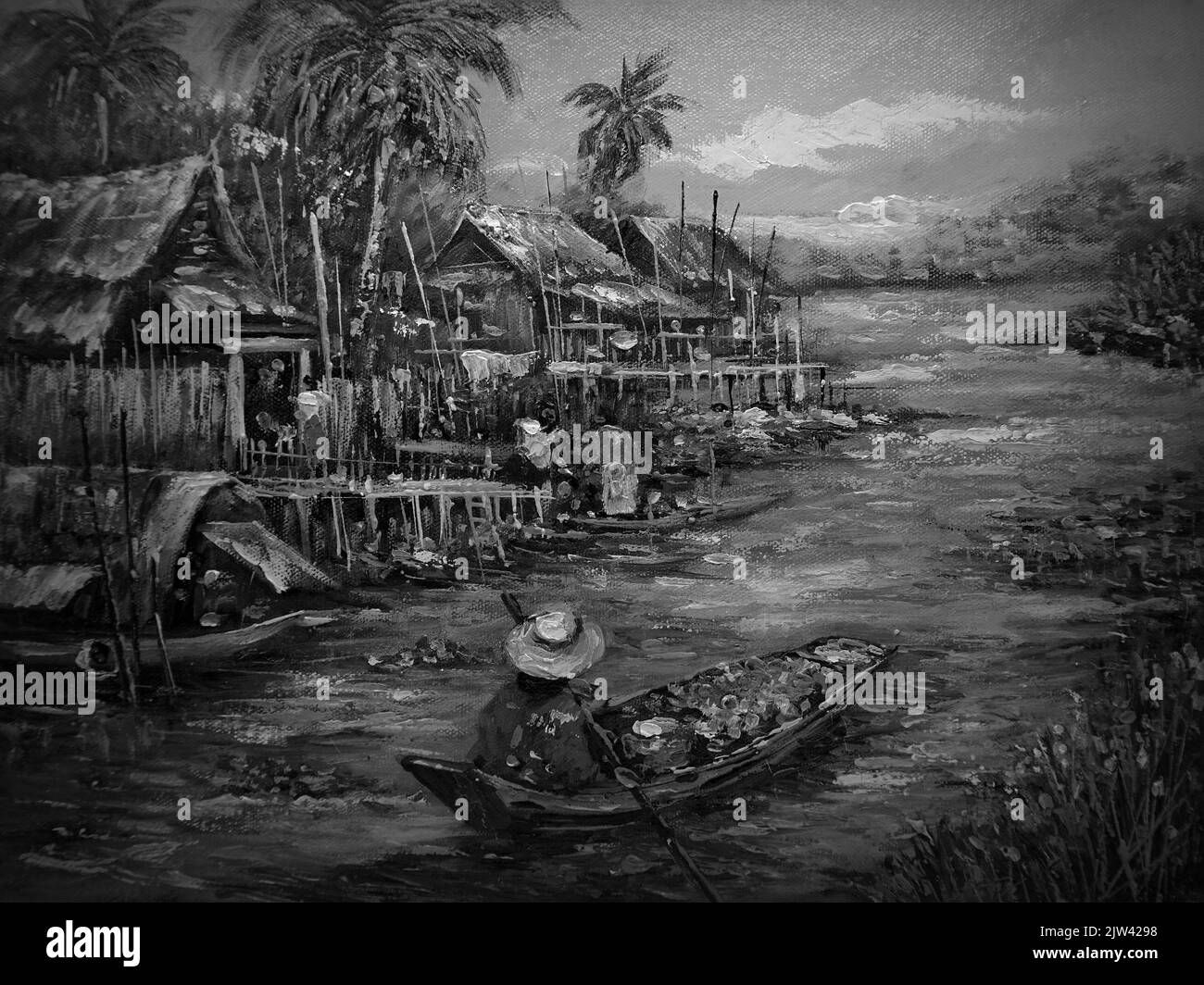 Peinture d'art couleur d'huile marché flottant pays thaïlandais , noir et blanc , monochrome Banque D'Images