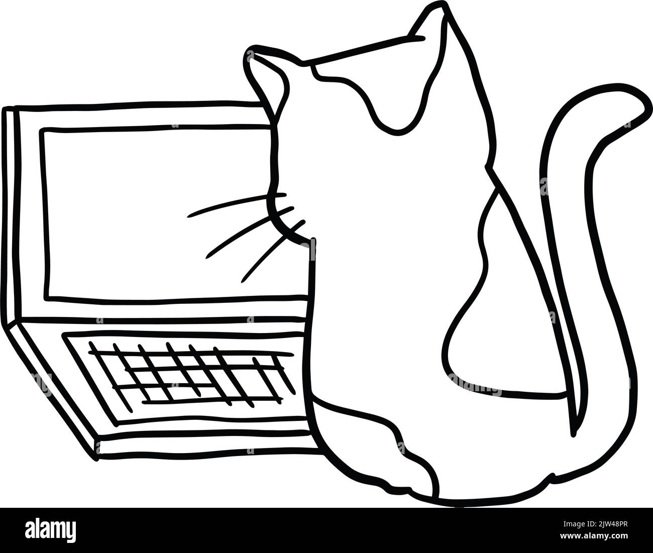 Dessin animé chat dessiné à la main assis devant l'ordinateur portable Illustration de Vecteur