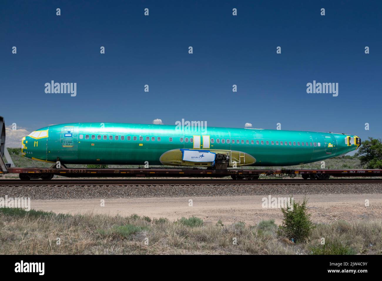 La Junta, Colorado - les fuselages Boeing 737 sont expédiés par voie ferroviaire de l'usine Spirit AeroSystems de Wichita, Kansas, à l'usine d'assemblage Boeing de Ren Banque D'Images