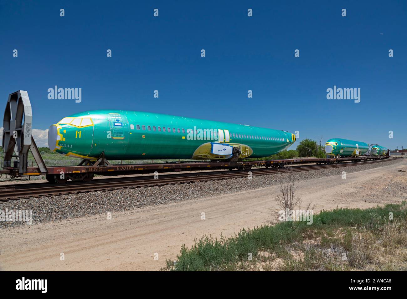 La Junta, Colorado - les fuselages Boeing 737 sont expédiés par voie ferroviaire de l'usine Spirit AeroSystems de Wichita, Kansas, à l'usine d'assemblage Boeing de Ren Banque D'Images