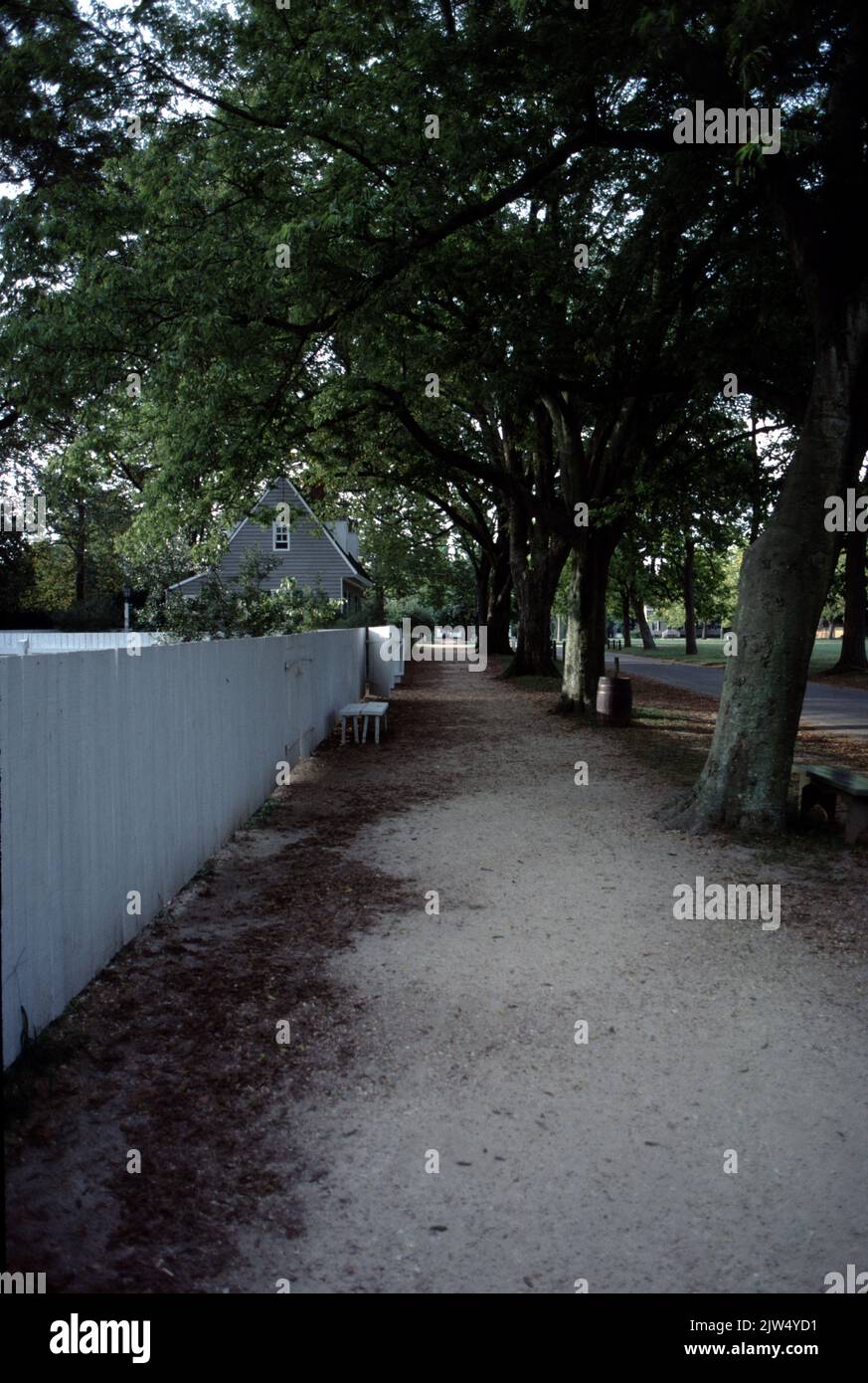 Williamsburg, Virginie. ÉTATS-UNIS 9/1987. Gloucester Street la voie accessible aux personnes handicapées qui emmène les visiteurs âgés et jeunes du monde entier dans l'Amérique coloniale du 18th siècle. Des preuves archéologiques et des documents historiques datant de 300 ans sont utilisés pour reconstruire des bâtiments aussi précisément que possible seuls cette belle allée. Les arbres donnent du vert au printemps et à l'été et à l'automne. Les seules utilisations autorisées sur la rue Duke de Gloucester sont les bâtiments restaurés et reconstruits et les structures accessoires datant d'avant 1800 et fondées sur des preuves documentées; bu Banque D'Images